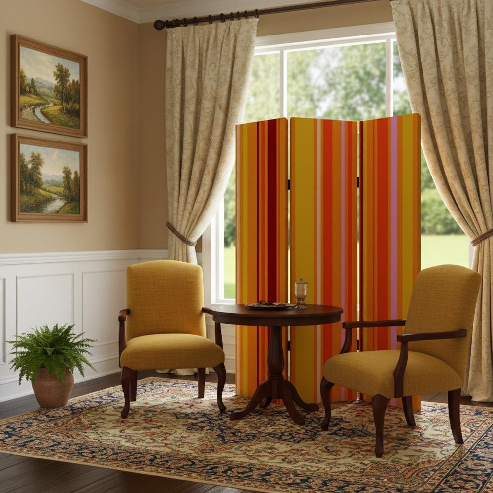 72" Orange And Yellow Canvas Folding Three Panel Screen Room Divider
