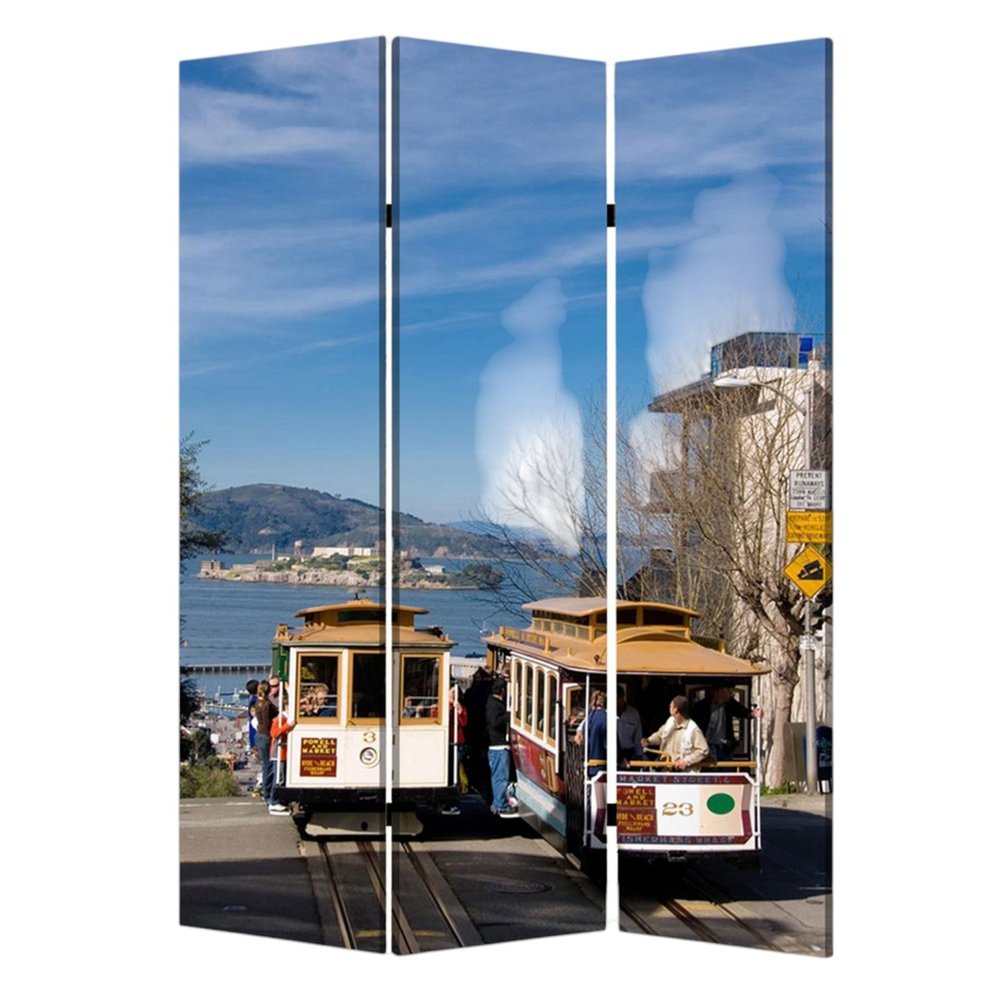 72" Blue And White Canvas Folding Three Panel Screen Room Divider