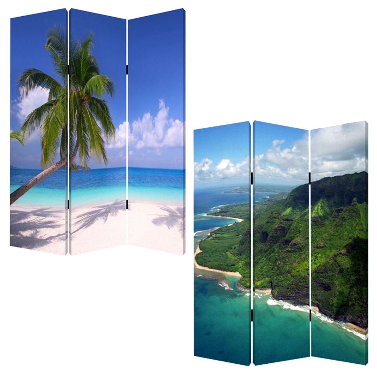72" Blue And Green Canvas Folding Three Panel Screen Room Divider