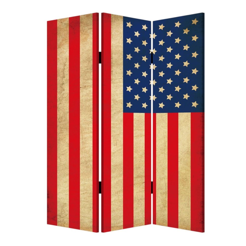 72" Red White And Blue American Flag Reversible Canvas Folding Three Panel Room Divider