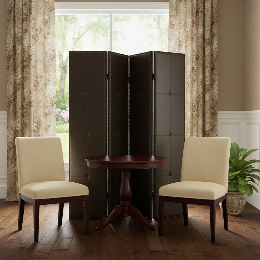 84" Brown Faux Leather Folding Four Panel Screen Room Divider