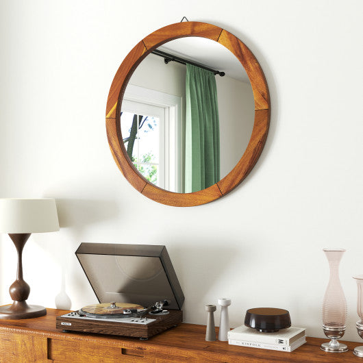 27 Inch Round Wall Mirror with Solid Acacia Wood Frame-Brown