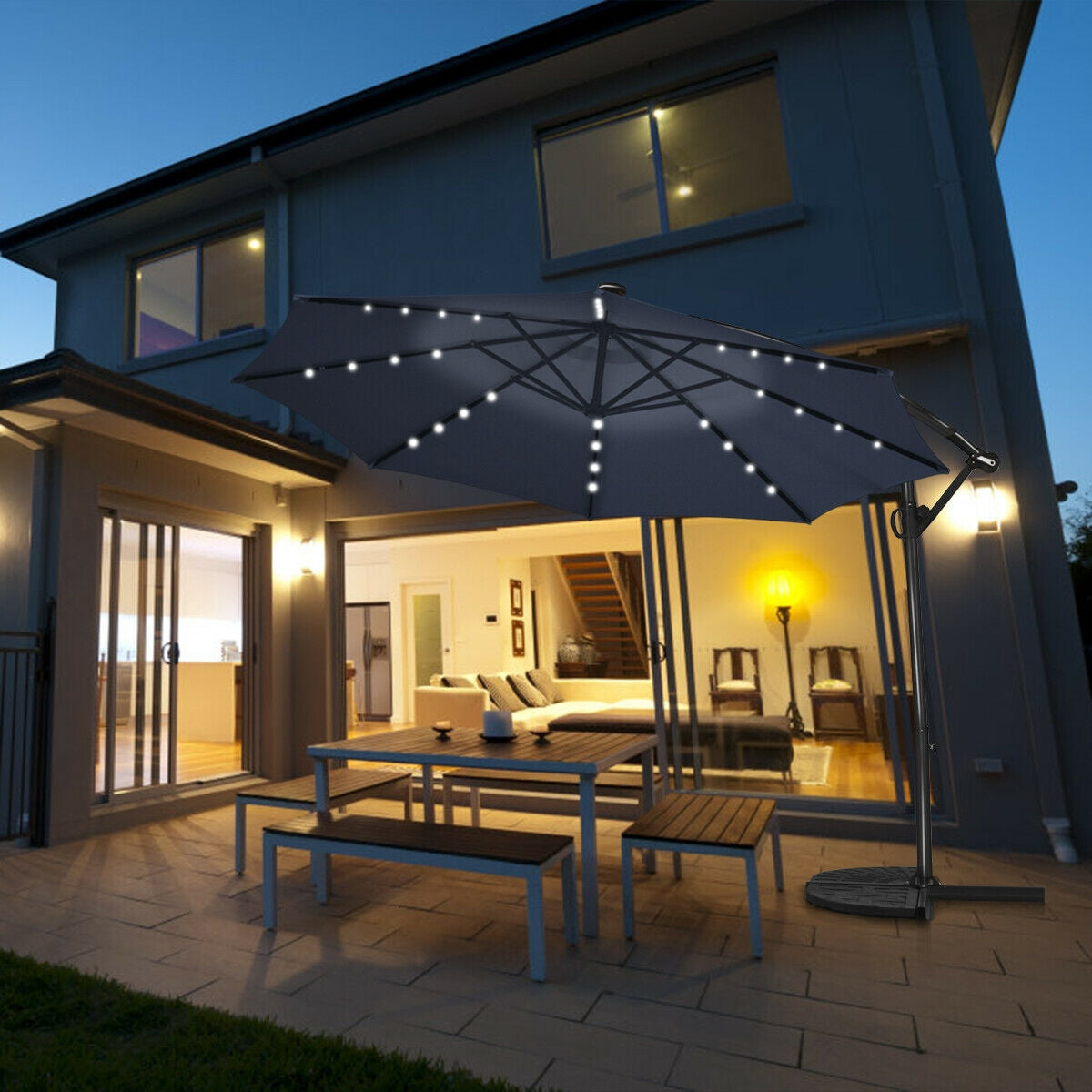 10 ft 360 ° Rotation Solar Powered LED Patio Offset Umbrella without Weight Base-Beige
