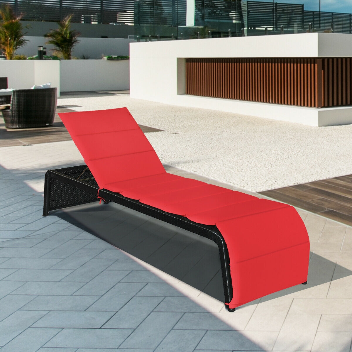 Patio Rattan Lounge Chair Back Adjustable Chaise Recliner with Cushioned-White