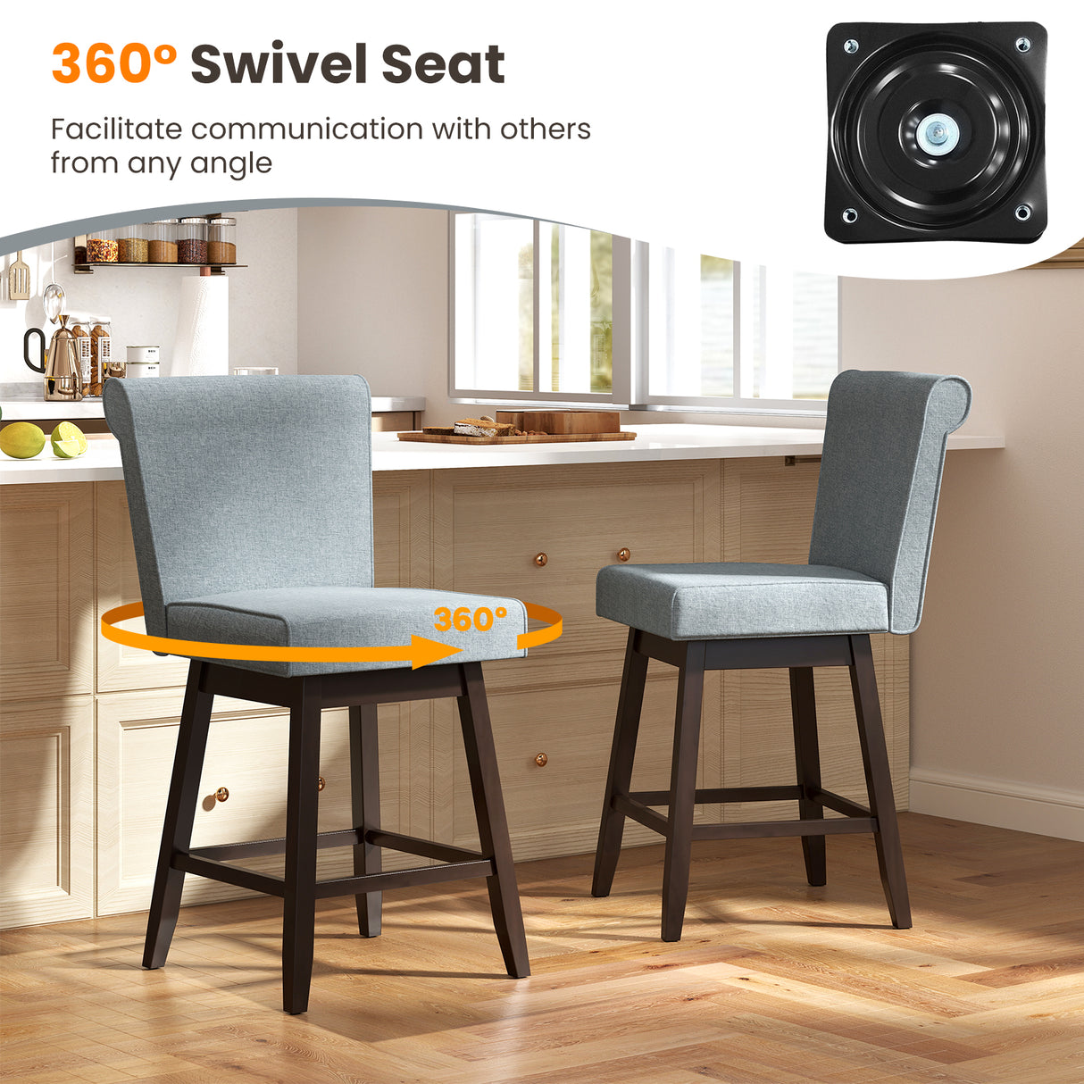 27 Inch Counter Height Bar Chairs with Rubber Wood Legs Set of 2-Gray
