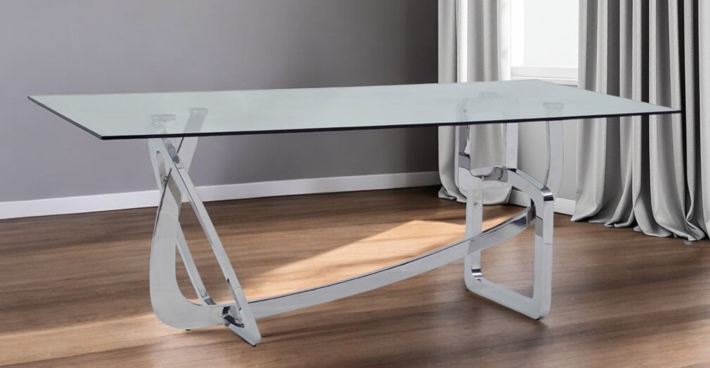 79" Clear And Silver Glass And Stainless Steel Trestle Base Dining Table