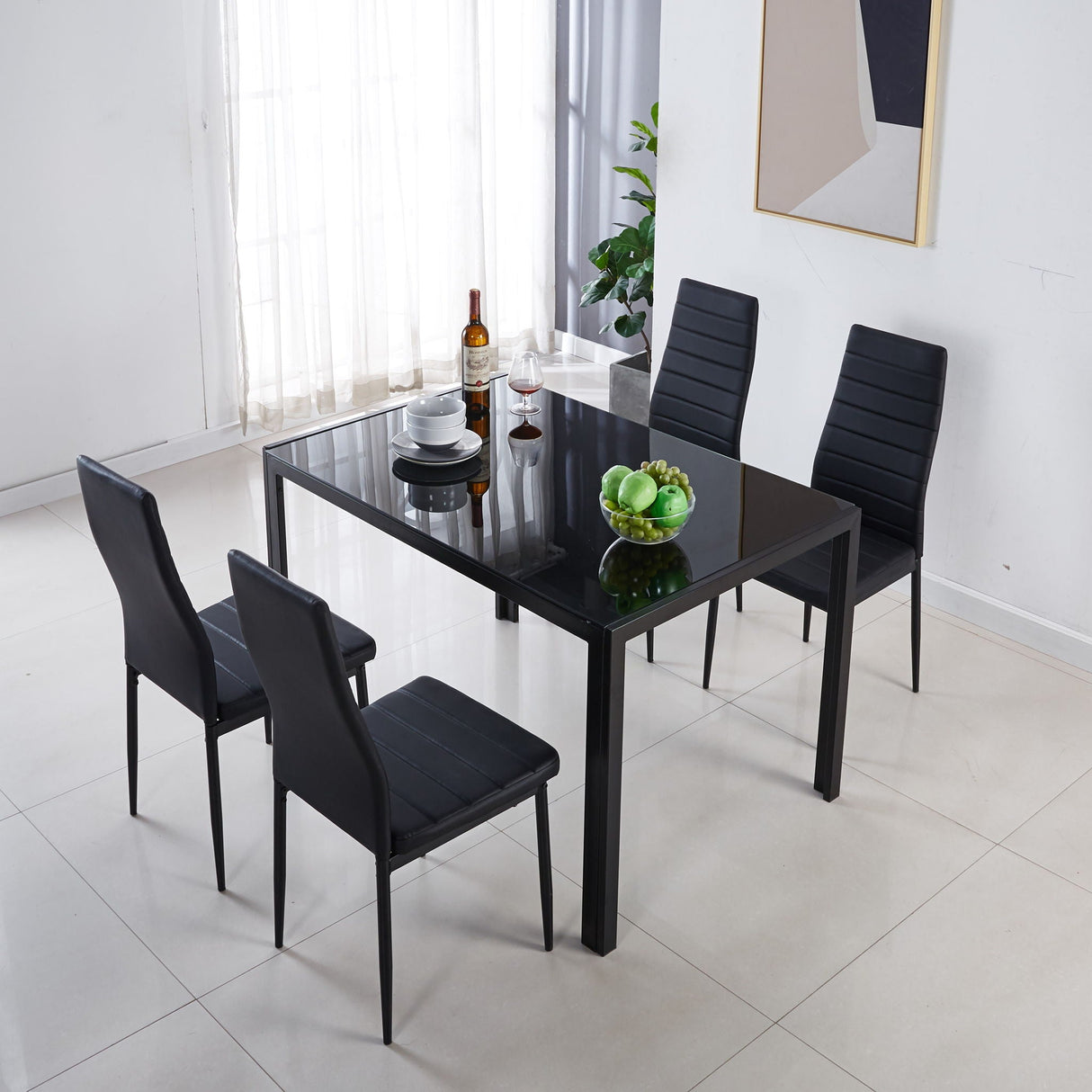 5 Pieces Dining Set, Table Metal Leg Mid-Century Dining Table For 4 - 6 People With Glass Table Top, Pedestal Dining Table, End Table Leisure Coffee Table - Black by Couch.com