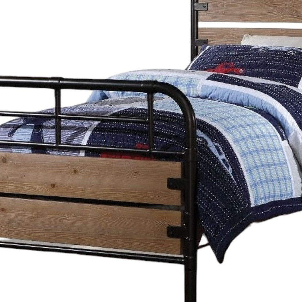 Black And Oak Shiplap Texture Wood and Metal Twin Bed Frame