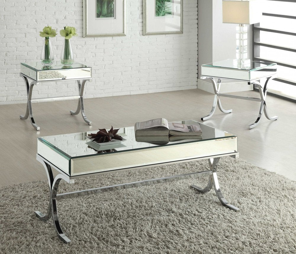 42" Clear and Silver Mirrored Glass And Iron Sled Coffee Table