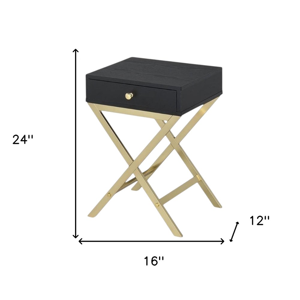 24" Gold And Black Solid Wood End Table With Drawer