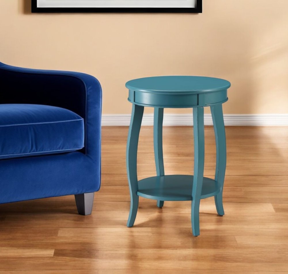 24" Red Wood Round End Table With Shelf