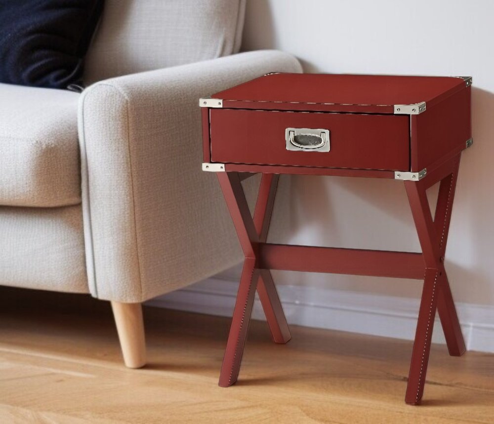 24" Red Wood Cross Legs End Table With Drawer