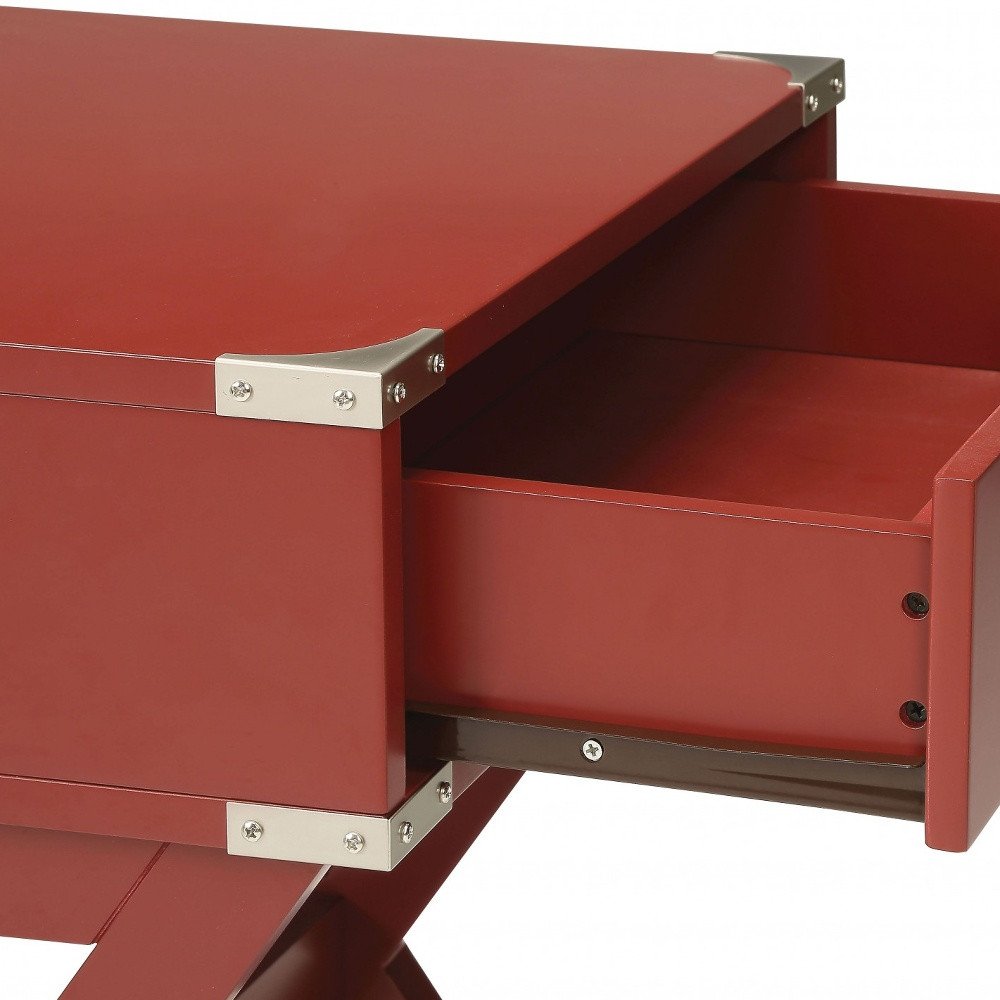 24" Red Wood Cross Legs End Table With Drawer