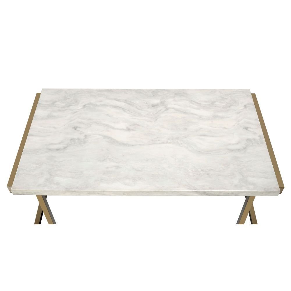 44" White and Gold Faux Marble And Iron Sled Coffee Table
