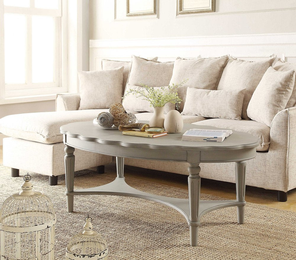 50" Antiqued White Solid Wood Oval Distressed Coffee Table