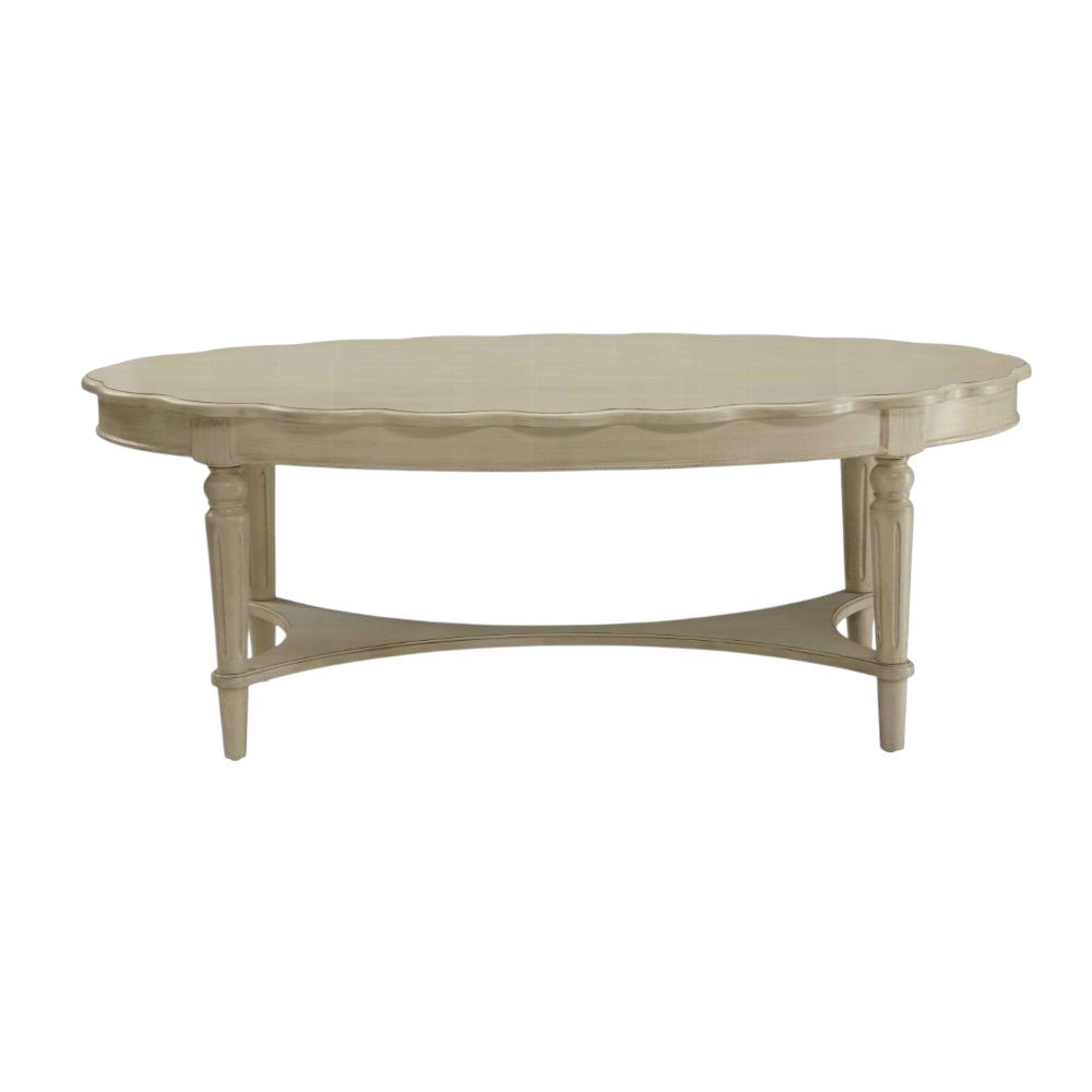 50" Antiqued White Solid Wood Oval Distressed Coffee Table