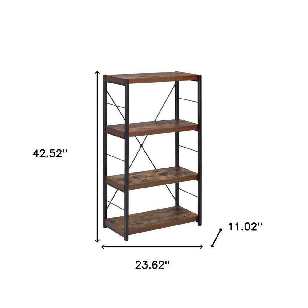 43" Black And Brown Distressed Metal and Wood Three Tier Etagere Bookcase
