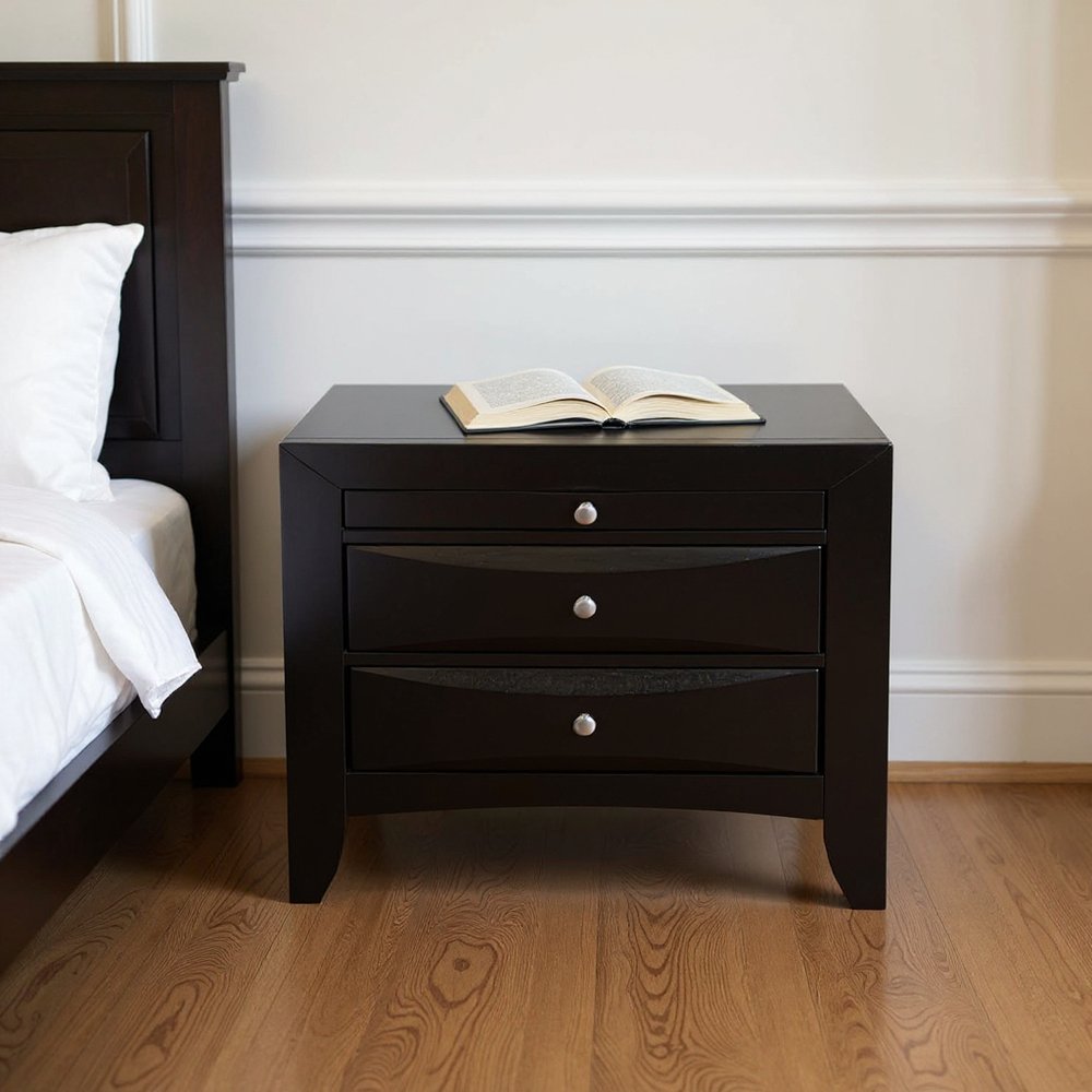 25" Black Solid Wood Three Drawer Nightstand