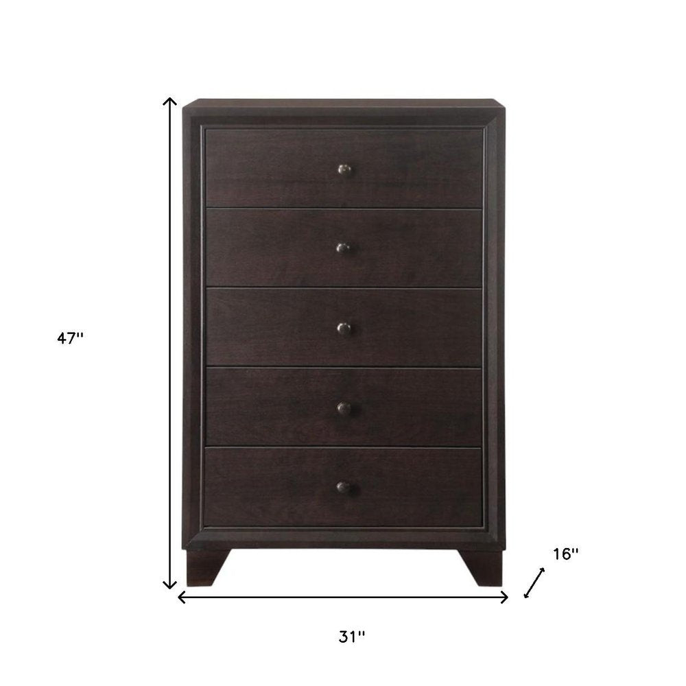 31" Espresso Solid Wood Five Drawer Dresser