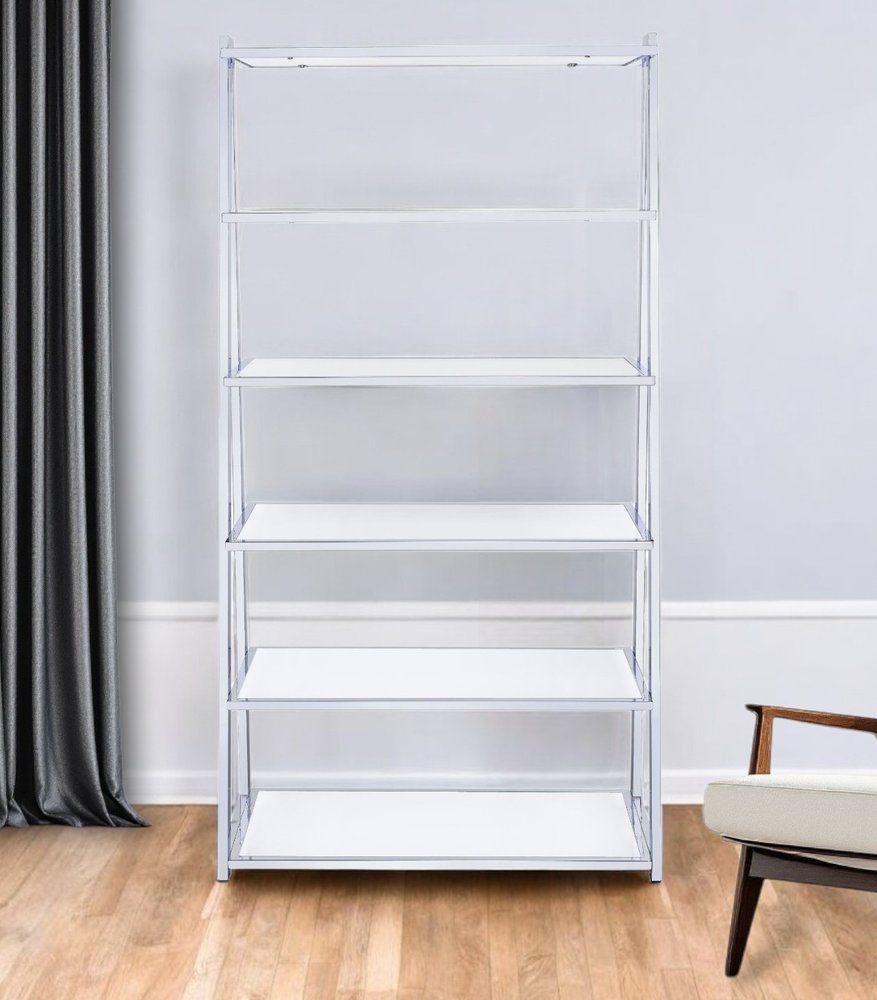 White And Silver Metal and Glass Five Tier Ladder Bookcase