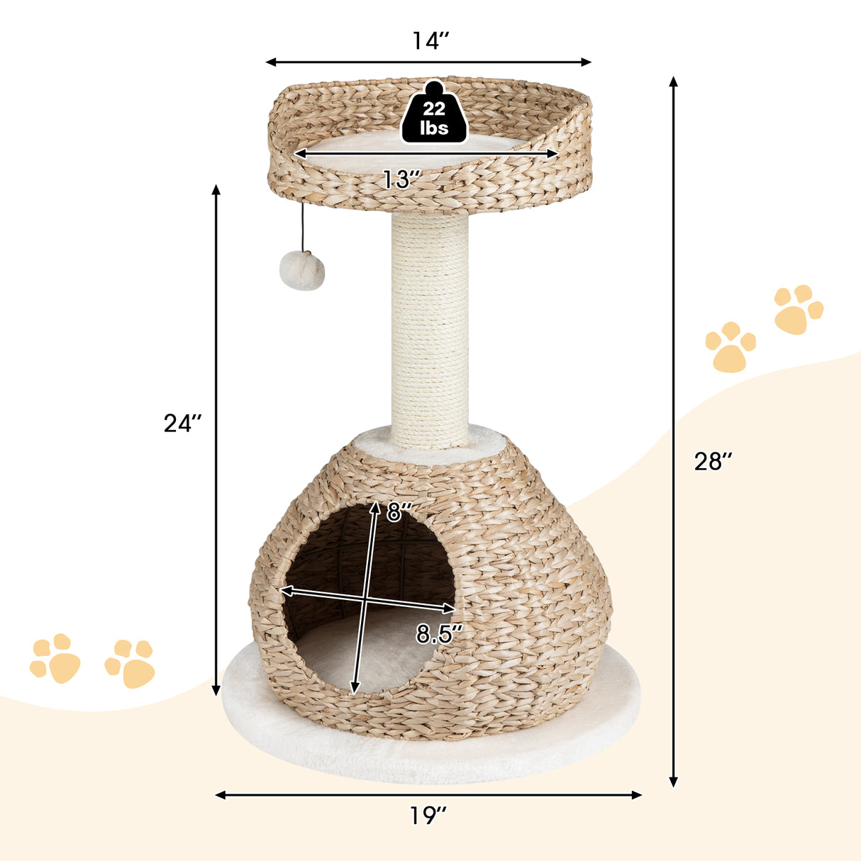 28 Inches Hand-Made Cat Tree Tower with Jump Platform-White