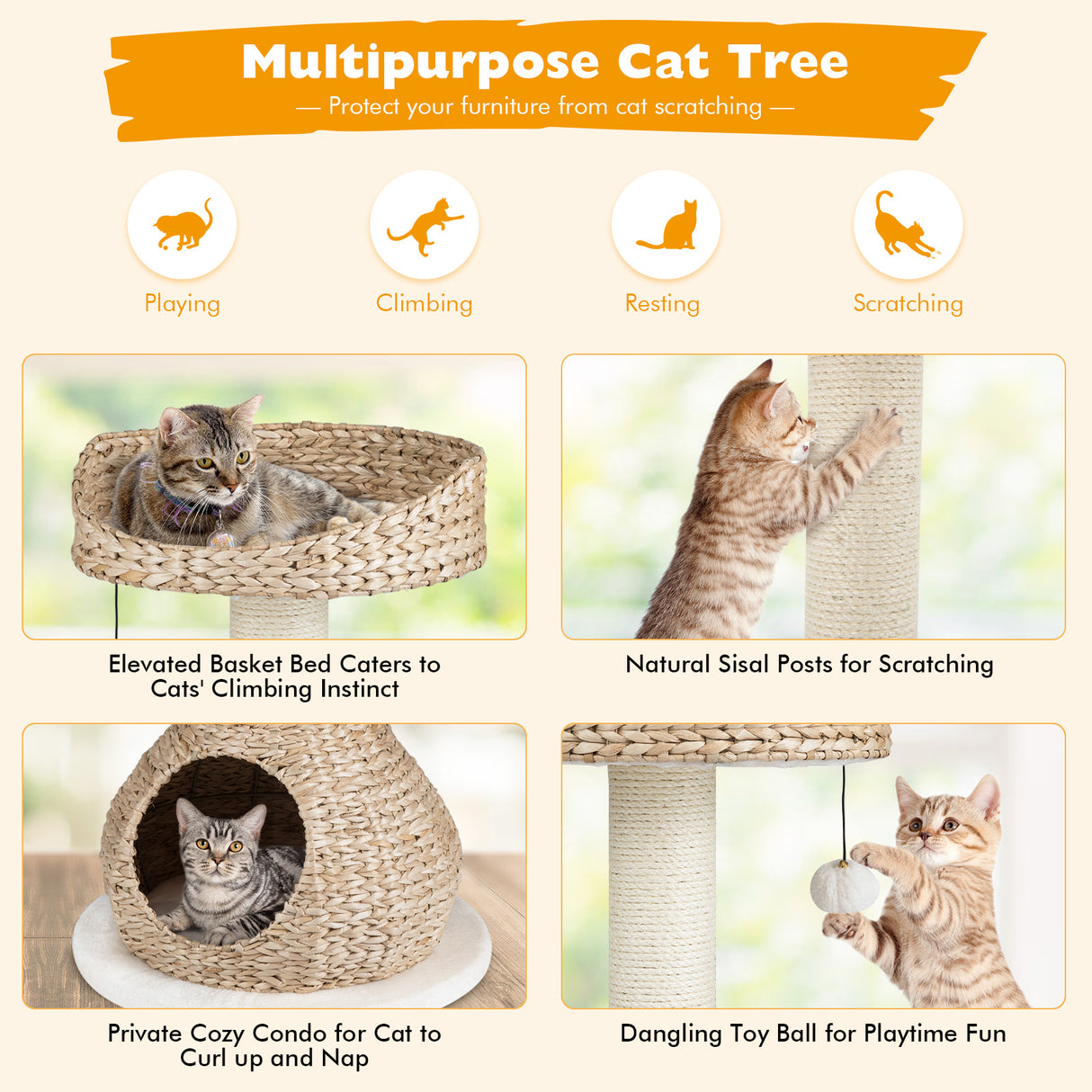 28 Inches Hand-Made Cat Tree Tower with Jump Platform-White