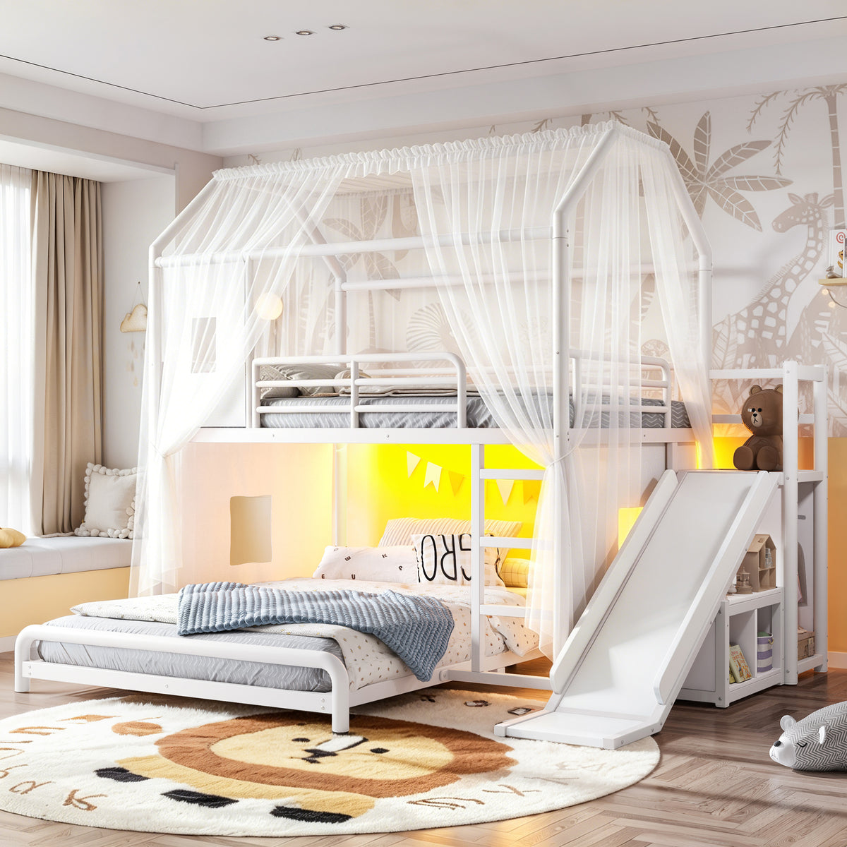 Full over Full Playhouse Metal Bunk Bed with Slide & Ladder, House-Style Bunk Bed with LED Light Strip, Privacy Curtain, Movable Storage Cabinet and Hanging Rod, Full over Full Kids Bunk Bed, White