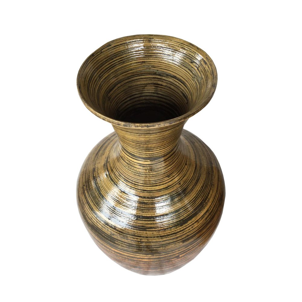 25" Black And Gold Striped Urn Bamboo Floor Vase