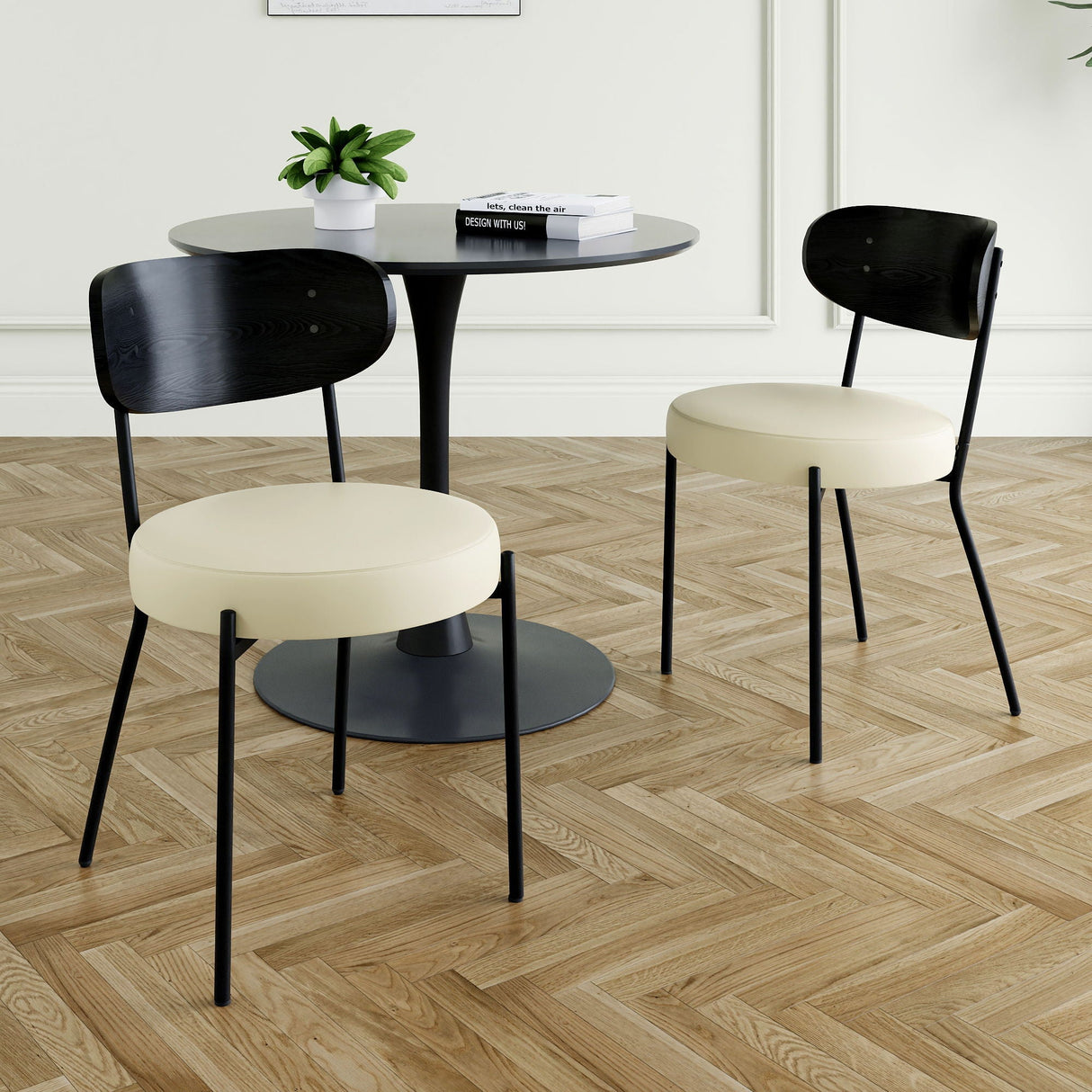 Modern Gray Simple PU Dining Chair Upholstered Chair Family Bedroom Stool Back Dressing, Black Round Table Set, Bentwood Covered With Ash Veneer Chair Back, Chair Metal Legs by Couch.com