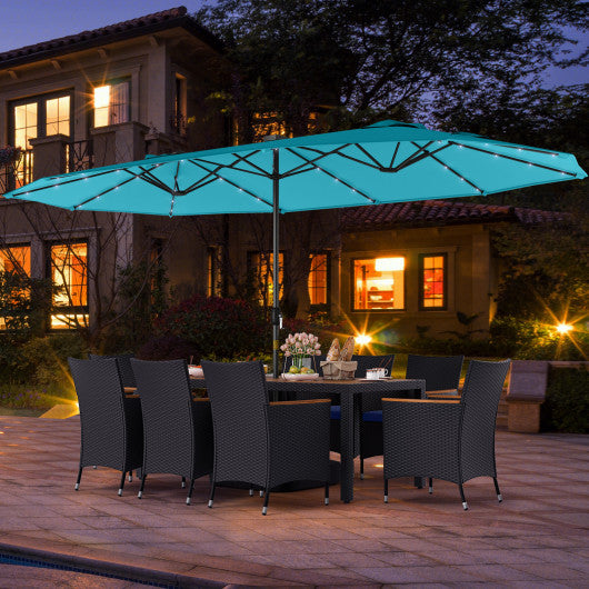 11 Pieces Patio Dining Set with LED Patio Umbrella with Base and Seat Cushions (Navy)-Turquoise