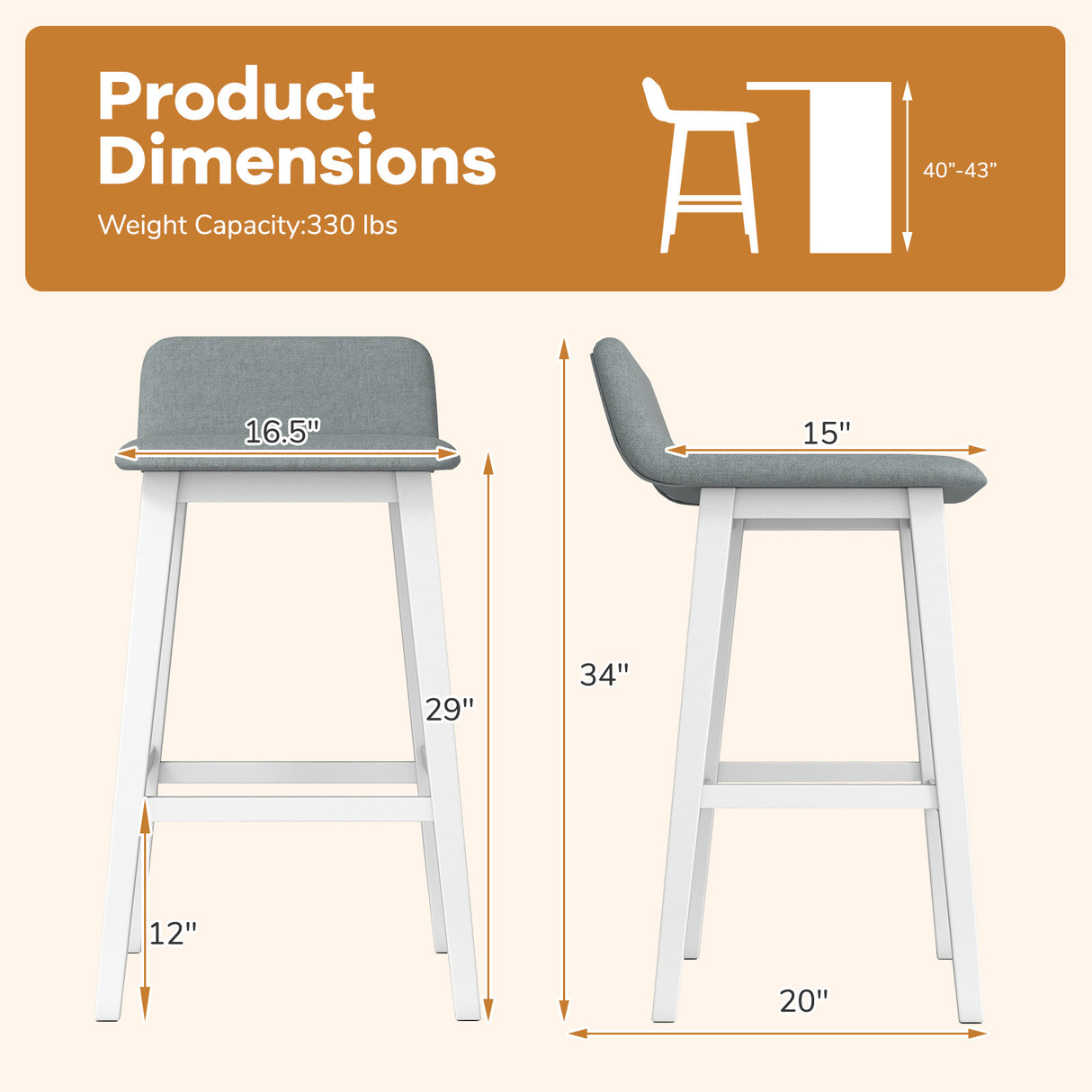 29 Inch Low-Back High-Top Chairs with Padded Seat and Rubber Wood Legs-White