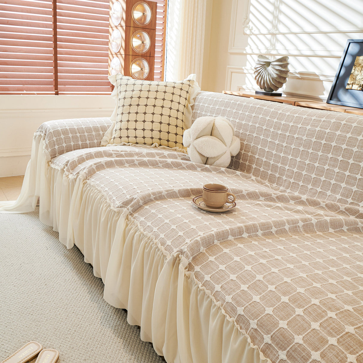Grid Textured Sofa Cover with Sheer Ruffle Skirt, Pet-Friendly Sofa Throw Slipcover