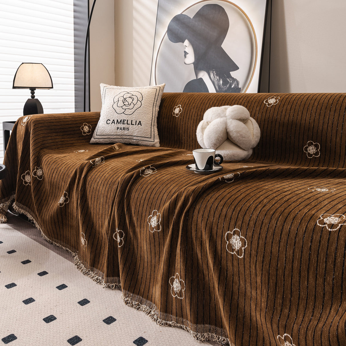 Chenille Camellia Floral Sofa Throw Cover Couch Blanket with Striped Jacquard