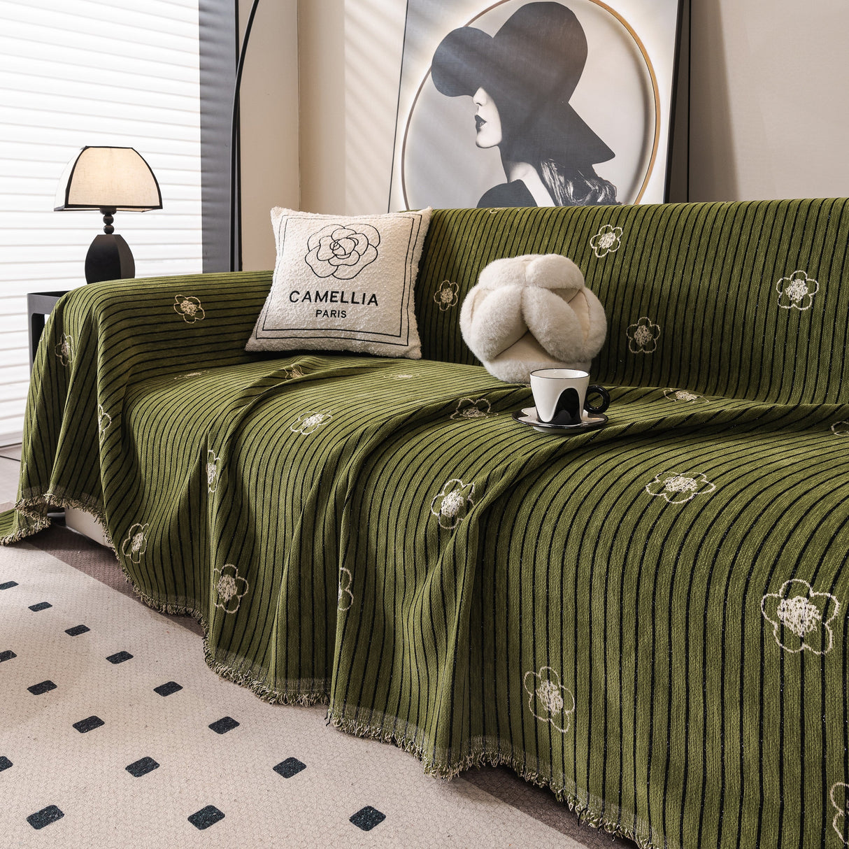 Chenille Camellia Floral Sofa Throw Cover Couch Blanket with Striped Jacquard