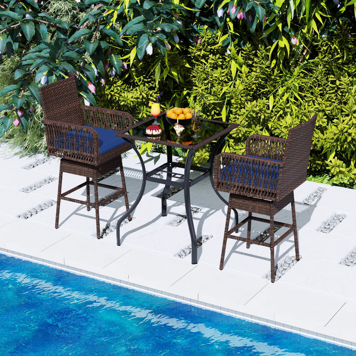 29†Bar Height Patio 360° Swivel Bar Stool with Cross-Woven Armrests Footrest and Seat Cushion-Navy