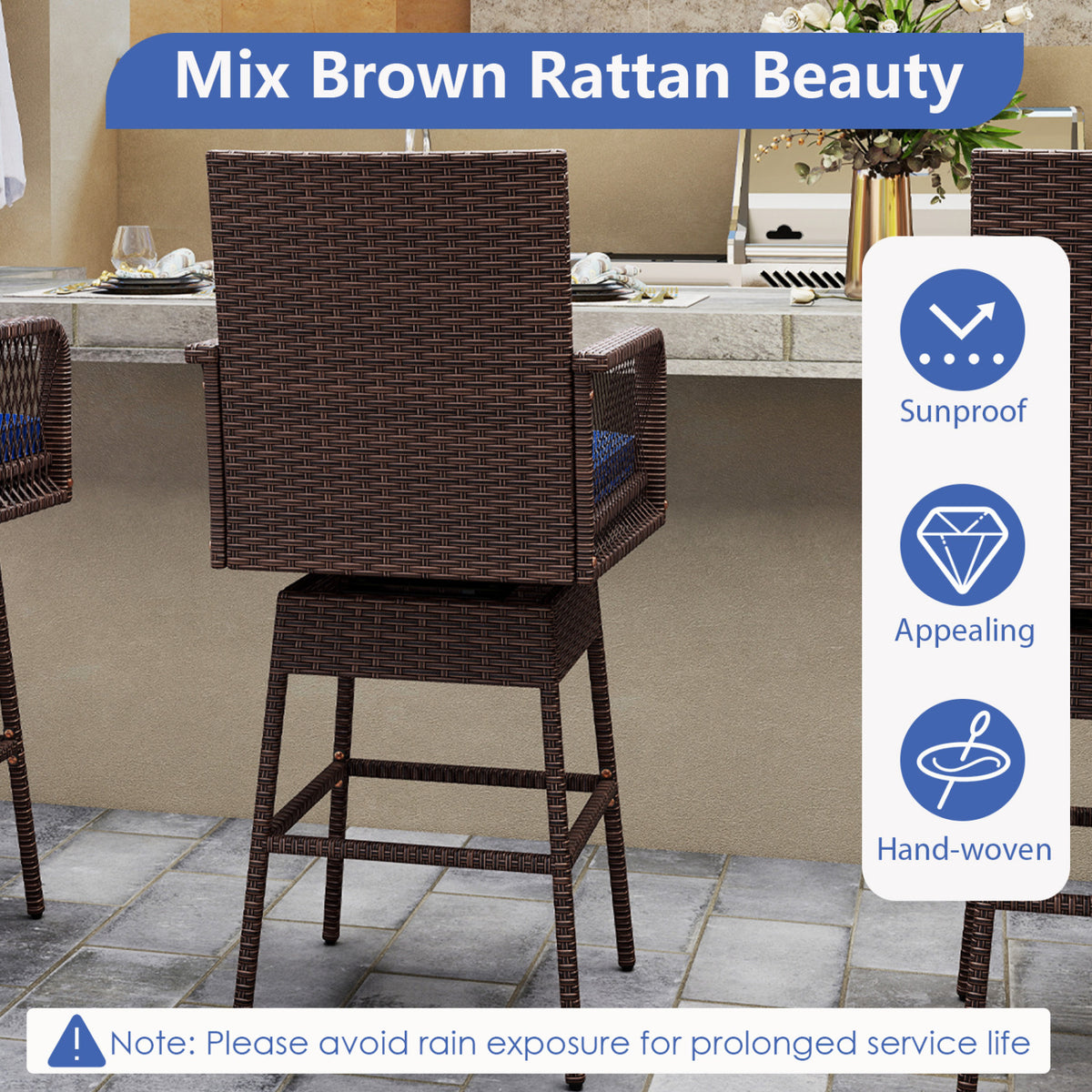 29†Bar Height Patio 360° Swivel Bar Stool with Cross-Woven Armrests Footrest and Seat Cushion-Navy