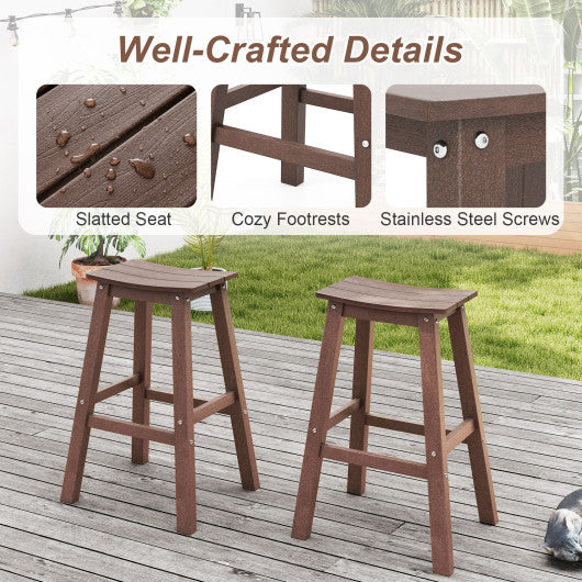 29 Inch HDPE Patio Bar Stool Set of 2 Armless Saddle Stools-Brown