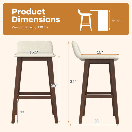 29 Inch Low-Back High-Top Chairs with Padded Seat and Rubber Wood Legs-Brown