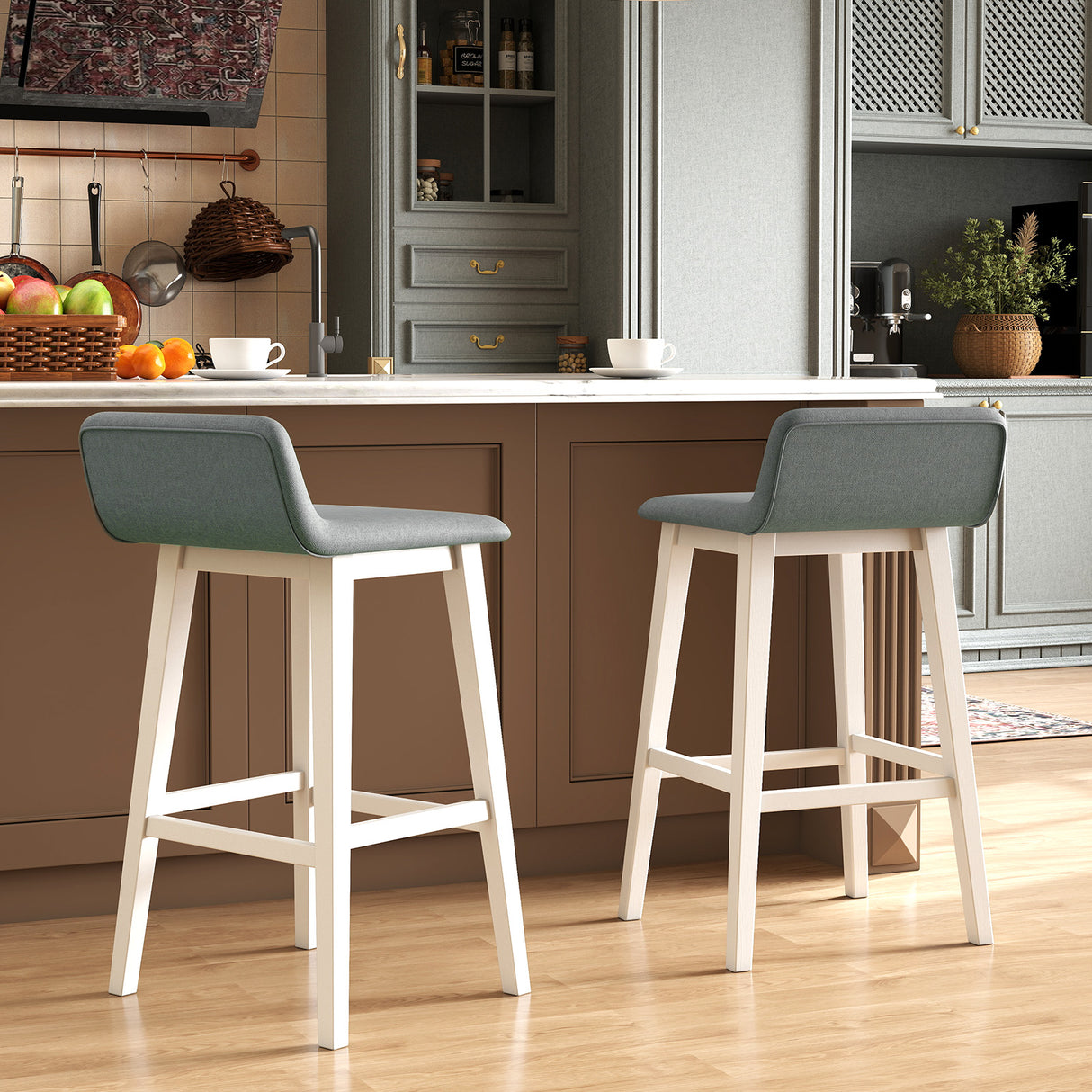 29 Inch Low-Back High-Top Chairs with Padded Seat and Rubber Wood Legs-White