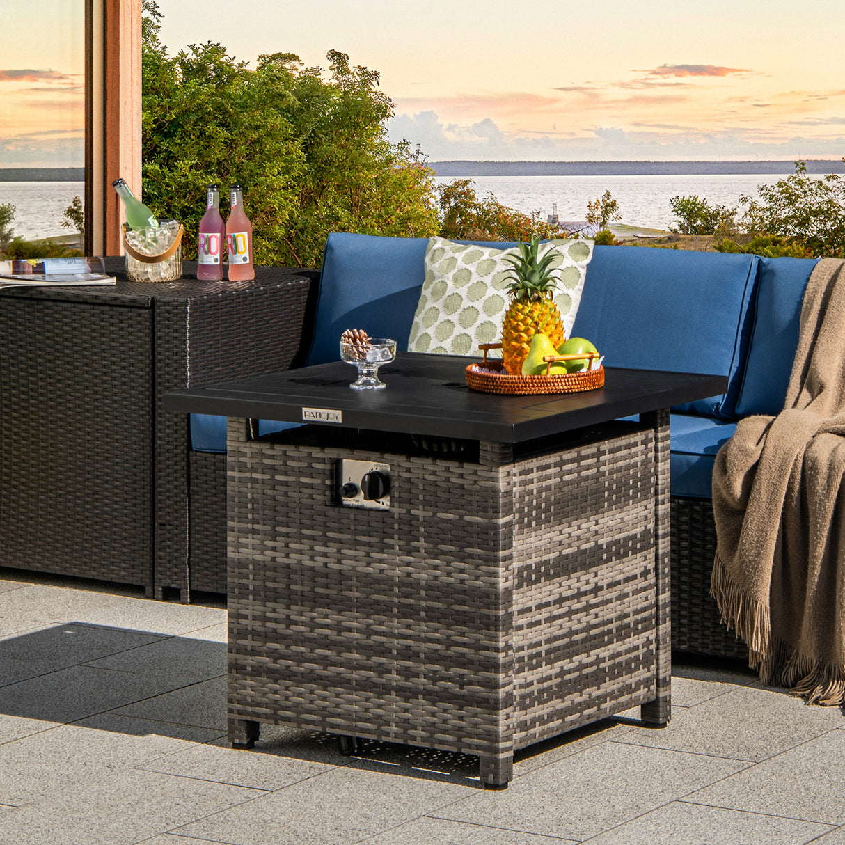 29 Inch Propane Rattan Firepit Table with Lava Rocks and Protective Cover-Gray