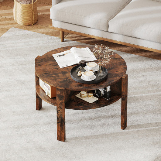 29.5 Inch Round Coffee Table with Storage Shelves for Small Space-Rustic Brown