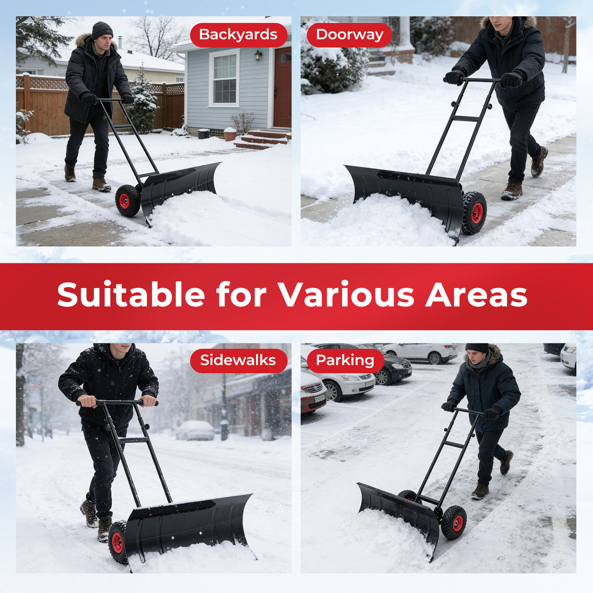 29 Inch Snow Pusher Heavy Duty Metal Shovel with Wheels and Adjustable Handle-Black