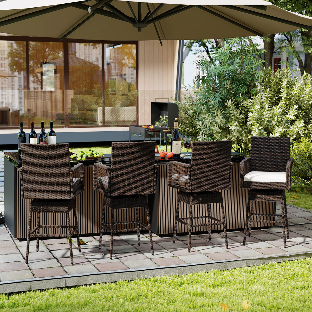 29 Inches Patio 360° Swivel Bar Stool with Cross-Woven Armrests and Seat Cushion-White