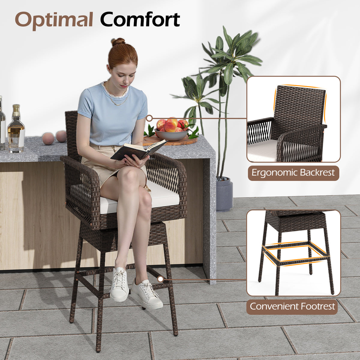 29 Inches Patio 360° Swivel Bar Stool with Cross-Woven Armrests and Seat Cushion-White