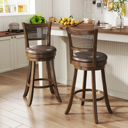 29 Inches Swivel Counter Height Barstool Set of 2 with Rattan Backrest and Footrest-Brown