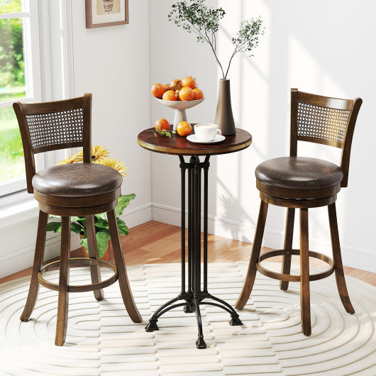 29 Inches Swivel Counter Height Barstool Set of 2 with Rattan Backrest and Footrest-Brown