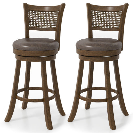 29 Inches Swivel Counter Height Barstool Set of 2 with Rattan Backrest and Footrest-Brown