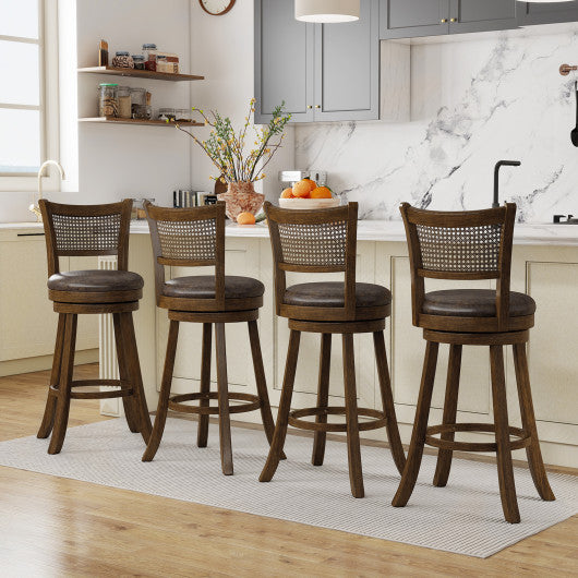 29 Inches Swivel Counter Height Barstool Set of 2 with Rattan Backrest and Footrest-Brown