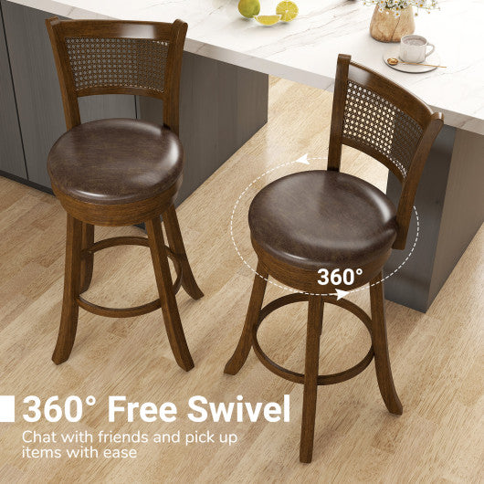 29 Inches Swivel Counter Height Barstool Set of 2 with Rattan Backrest and Footrest-Brown