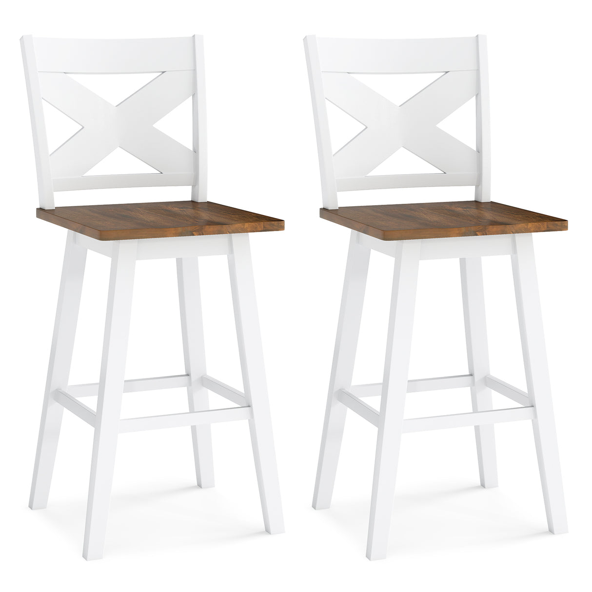 29" Rubberwood Swivel Barstools Set of 2 with Backrest and Large Seat-White